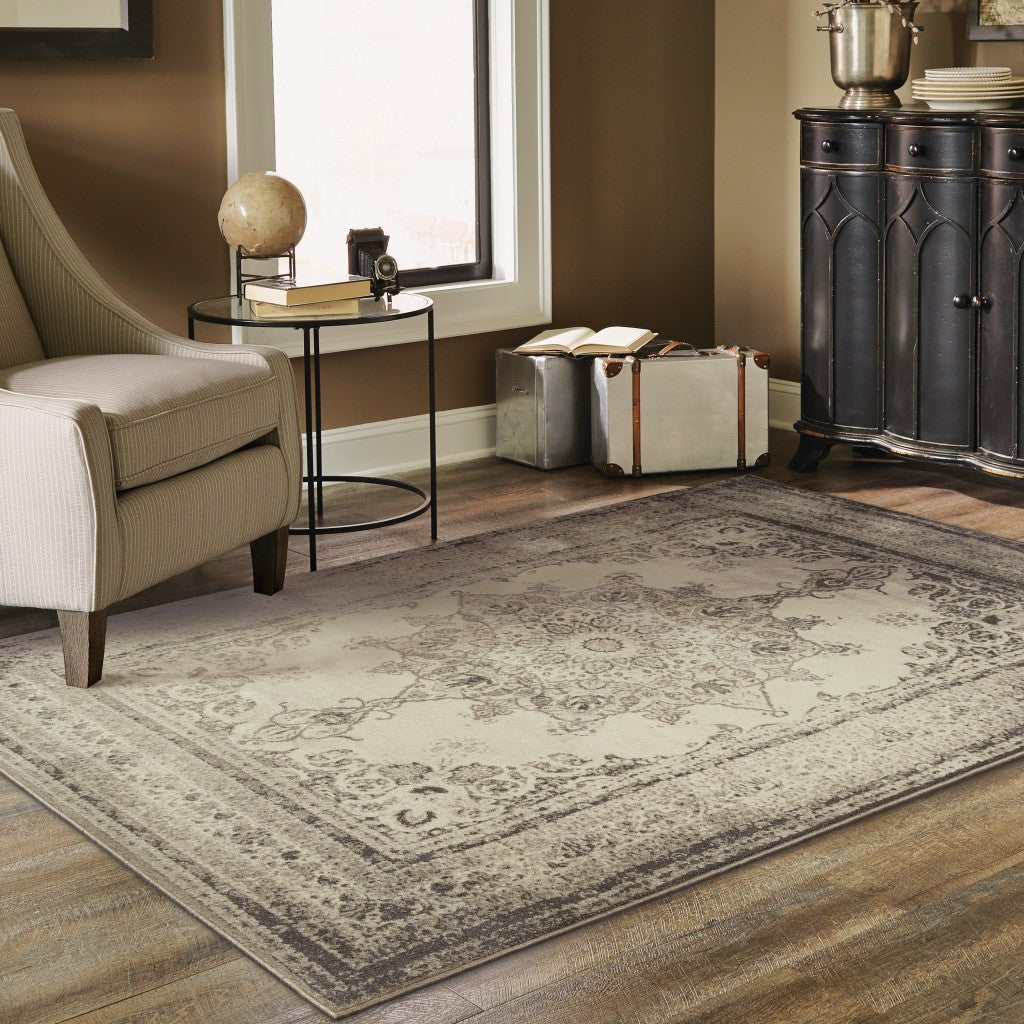 12’ x 15’ Ivory and Gray Pale Medallion Area Rug