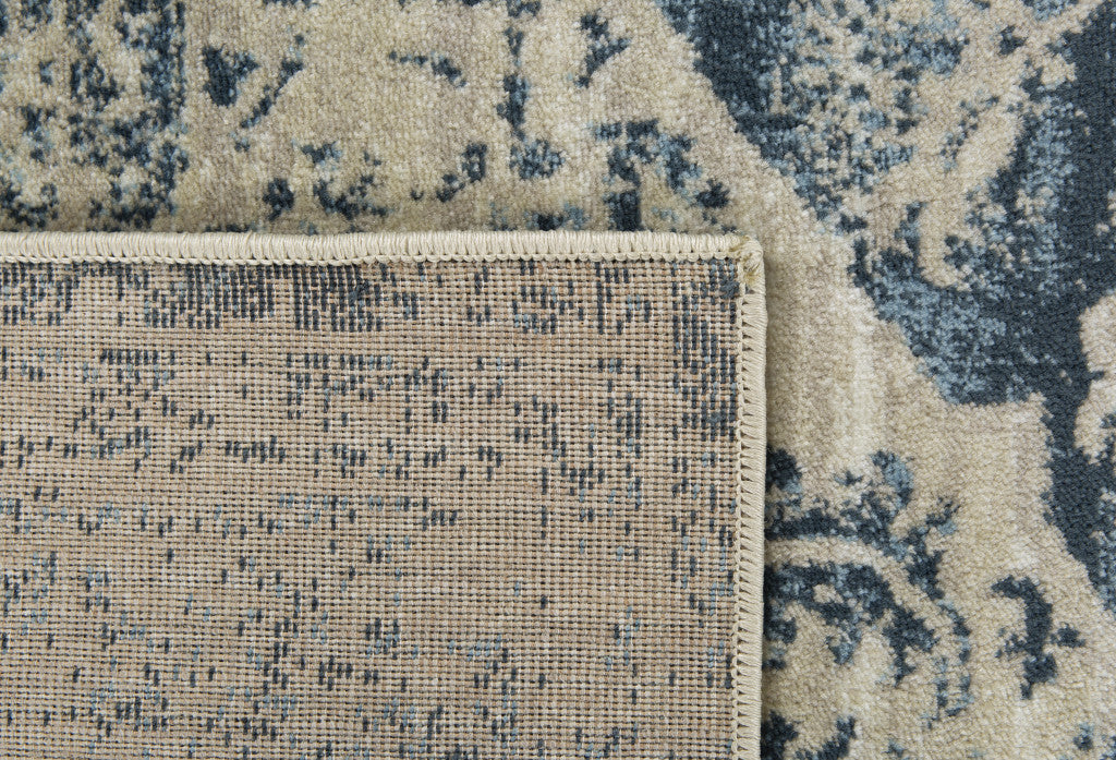 8’ x 11’ Beige Blue Distressed Medallion Area Rug