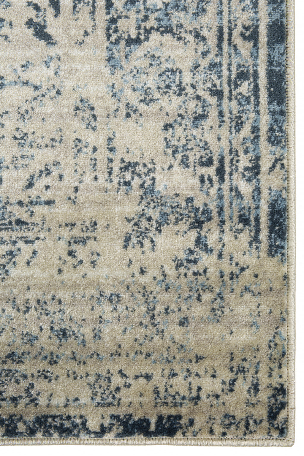 8’ x 11’ Beige Blue Distressed Medallion Area Rug